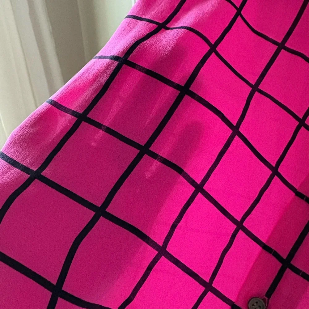 J.Crew 100% Silk Boy Shirt Blouse Fuchsia Pink Black Windowpane Plaid - Size S